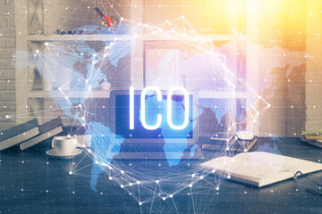Multi exposure of blockchain theme hologram and table with computer background. Concept of bitcoin...