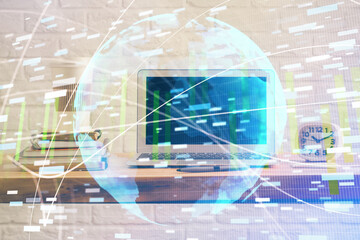 Multi exposure of business theme icons and table with computer background. Concept of success.