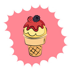 This is a retro image of ice cream in a comic style. This is a waffle cup with banana ice cream and raspberry jam on top.