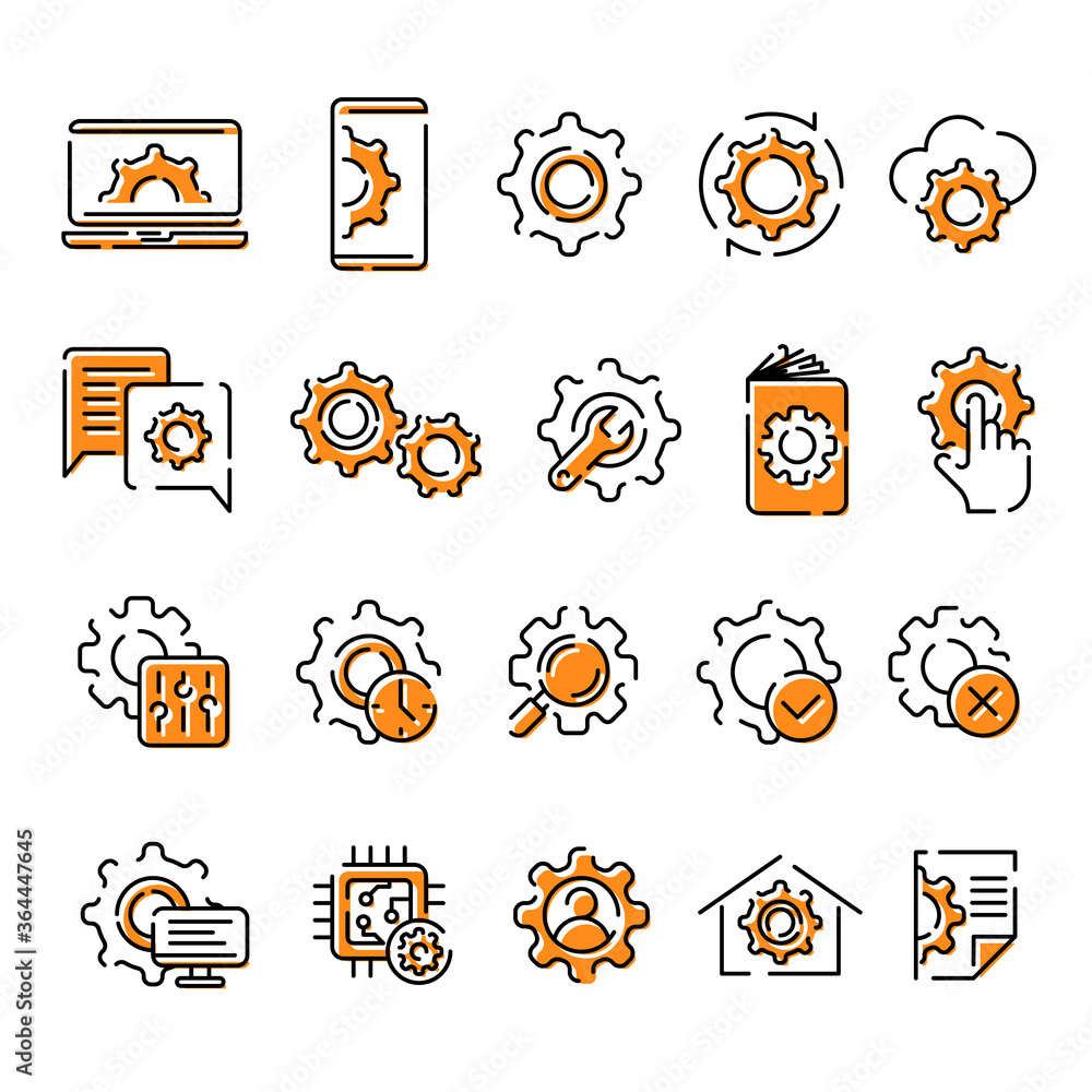 Fototapete Gears icons set in trendy flat outline style isolated on white background. Data Processing, Setup, Download and Restore graphic elements for your design. Vector illustration.