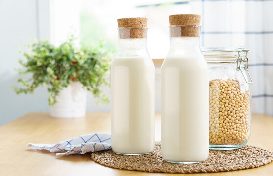 Two glass bottles of fresh and homemade soy milk with glass jar full of organic soybeans on wooden table. Alternative healthy milk, lactose intolerance drink, vegan and plant based diet concept. 