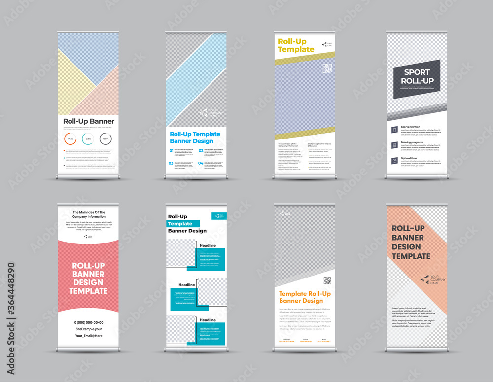 Poster vector roll up banner template with color geometric design, with place for photo and text, with real
