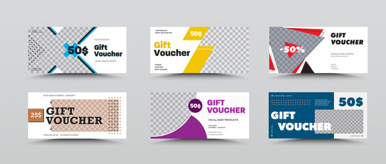 Layout of white gift vouchers with geometric color design and place for a photo, certificate for the store.