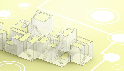 Creative idea Abstract Architectural Geometric Box random square on  Yellow background  and Contemporary Art Concepts - 3d Rendering