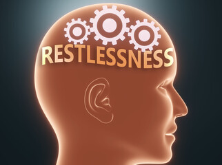 Restlessness inside human mind - pictured as word Restlessness inside a head with cogwheels to symbolize that Restlessness is what people may think about, 3d illustration