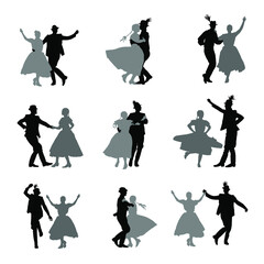 Hungarian csardas folk dancers couple in love vector silhouette. Germany folklore October fest actors. Austrian traditional wedding culture from East Europe. Balkan dancing. Woman and man festival.  - obrazy, fototapety, plakaty