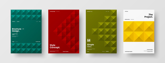 Fototapeta premium Company identity brochure template collection. Business presentation vector A4 vertical orientation front page mock up set. Corporate report cover abstract geometric illustration design layout bundle.