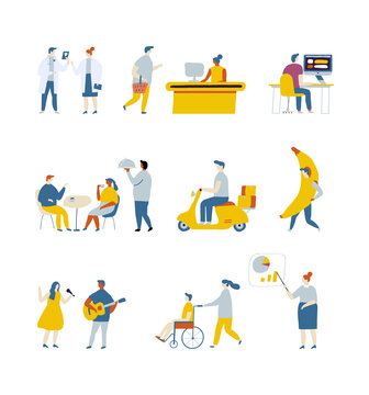 Flat people vector set. Occupations, professions. waiter, programmer, doctor, cashier, singer, musician, nurse, courier, house painter, cleaning lady, hairdresser