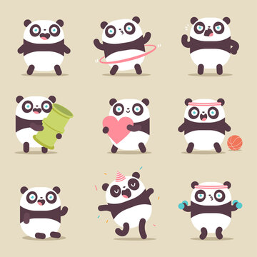 Cute panda characters vector cartoon set isolated on background.