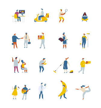 Flat people vector set. Occupations, professions. waiter, programmer, doctor, cashier, singer, musician, nurse, courier, house painter, cleaning lady, sportsman