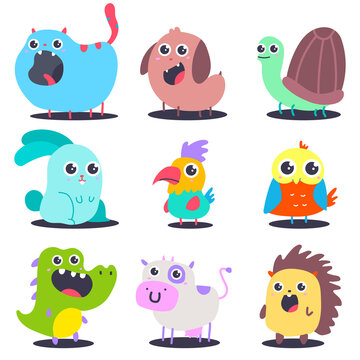 Cute wild animals and pets vector cartoon characters set isolated on a white background.