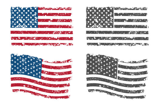Grunge American flag vector set isolated on a white background.