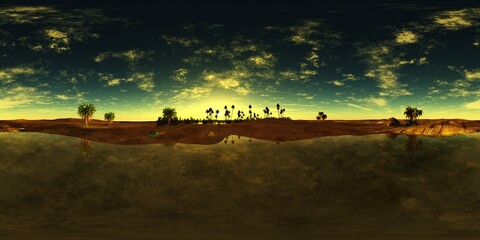 Fototapeta na wymiar Oasis at sunset in a sandy desert, HDRI, environment map , Round panorama, spherical panorama, equidistant projection, panorama 360,