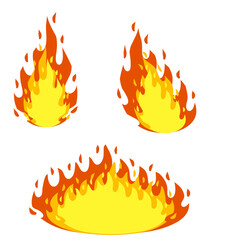 Red flame set. Cartoon flat illustration. Fireman's job. Dangerous situation. Fire element. Part of bonfire with heat