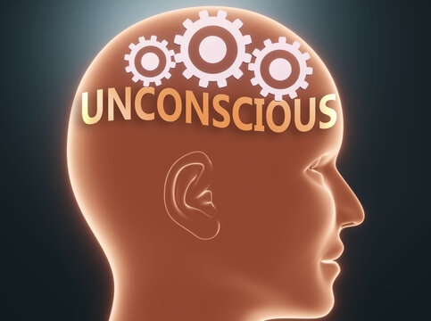 Unconscious Inside Human Mind - Pictured As Word Unconscious Inside A Head With Cogwheels To Symbolize That Unconscious Is What People May Think About, 3d Illustration