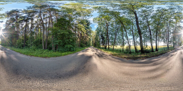 full seamless spherical hdri panorama 360 degrees angle view on no traffic asphalt road among tree alley in summer day in equirectangular projection, ready  VR AR virtual reality content