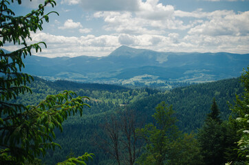 mountain landscape with trees and clouds