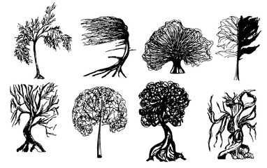 A set of black line-style trees.