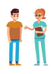 Obraz premium Doctor or nurse and patient. Professional medical help, character physician with sick man, examination in clinic, medicine healthcare concept, vector cartoon illustration
