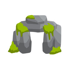 Stonehenge. English landmark. Structure is made of old stones. Historical place, block and boulders. Flat cartoon. Green moss and grass. Religious megalith of primitive man