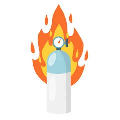 Gas and oxygen cylinder with indicator in fire. Flame and blue tank. Cartoon flat illustration. Accident and dangerous situation