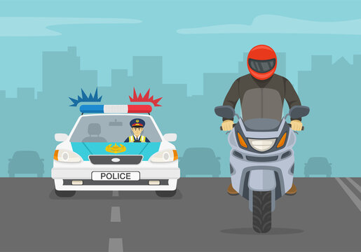 Traffic police officer chasing criminal riding a motorcycle on the highway. Flat vector illustration.
