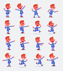 Cartoon character businessman in smart casual style. Set with different postures, attitudes and poses, doing different activities in isolated vector illustrations.
