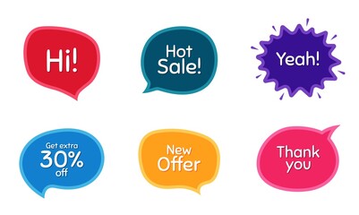 Hot sale, 30% discount and new offer. Colorful chat bubbles. Thank you phrase. Sale shopping text. Chat messages with phrases. Texting thought bubbles. Vector
