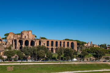 Ruins of Circus Maximus and Palatine hill palace in Rome, Italy - obrazy, fototapety, plakaty