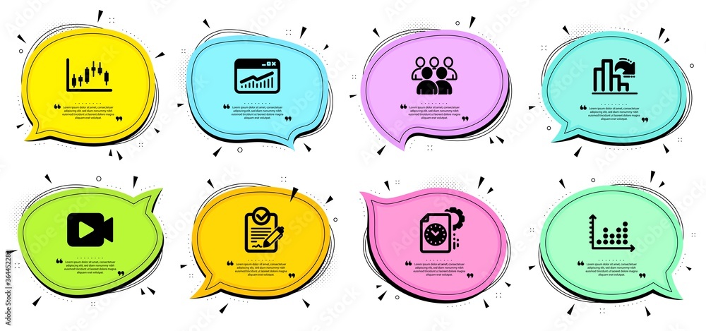 Poster project deadline, website statistics and candlestick graph signs. chat bubbles with quotes. dot plot
