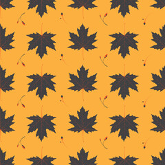 Autumn seamless pattern, Maple leaves on an orange background, Abstract leaf texture.