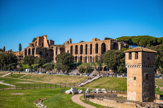 Ruins of Circus Maximus and Palatine hill palace in Rome, Italy