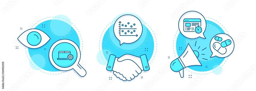Poster web timer, notebook service and dot plot line icons set. handshake deal, research and promotion comp