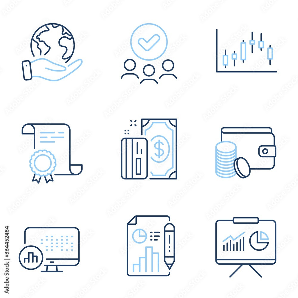 Aufkleber presentation, payment and report statistics line icons set. diploma certificate, save planet, group 