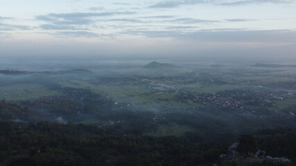 aerial view of the Special Region of Yogyakarta on a foggy morning