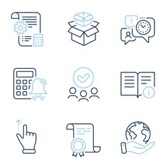 Time management, Touchscreen gesture and Technical info line icons set. Diploma certificate, save planet, group of people. Calculator alarm, Packing boxes and Settings blueprint signs. Vector