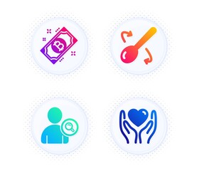 Find user, Bitcoin and Cooking spoon icons simple set. Button with halftone dots. Hold heart sign. Search person, Cryptocurrency coin, Cutlery. Friendship. Business set. Vector