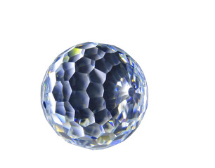 Large faceted glass sphere on a white background.