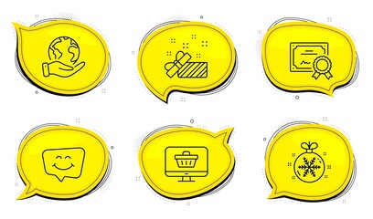 Present sign. Diploma certificate, save planet chat bubbles. Smile chat, Web shop and Christmas ball line icons set. Happy face, Shopping cart, Snowflake. Gift. Holidays set. Outline icons set. Vector