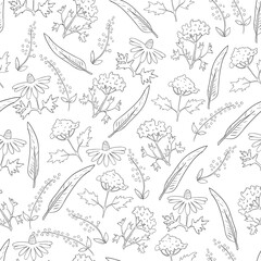 Black and white seamless pattern with flowers 