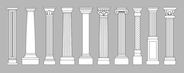 Ancient pillars. Classic historical roman column, antique architecture greece different columns, architectural line style vector set - obrazy, fototapety, plakaty