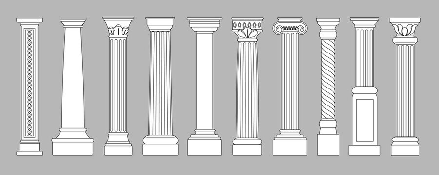 Ancient pillars. Classic historical roman column, antique architecture greece different columns, architectural line style vector set