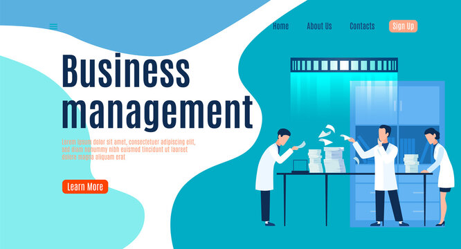 Business management landing page, men and woman in uniform work with documents, teamwork success, analysis strategy and planning system, app or web banner vector flat template