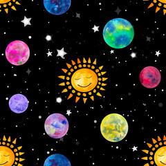 Watercolor seamless pattern with star sky, sun, planet system