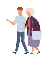 Volunteers help old woman. Young volunteer man caring for elderly human, supporting aged, walking with grandmother, vector cartoon isolated illustration in flat style