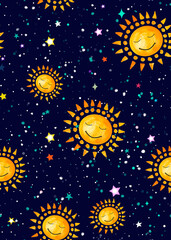 Watercolor seamless pattern with star sky, sun, planet system