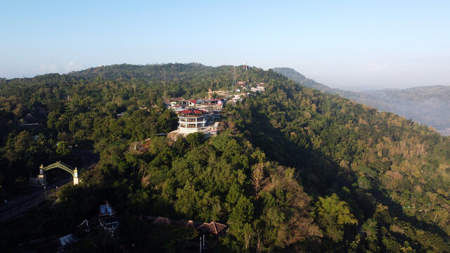 Yogyakarta, Indonesia - July 08, 2020:Aerial view of the building on the hill. Heha Sky View park at Yogyakarta