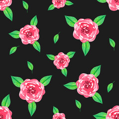 Watercolor seamless pattern with red roses, on black background