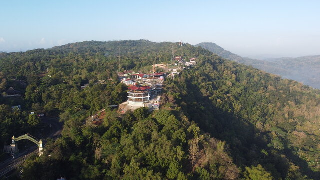 Yogyakarta, Indonesia - July 08, 2020:Aerial view of the building on the hill. Heha Sky View park at Yogyakarta