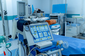 Mechanical ventilation equipment. Pneumonia diagnosing. Ventilation of the lungs with oxygen. COVID-19 and coronavirus identification. Pandemic.